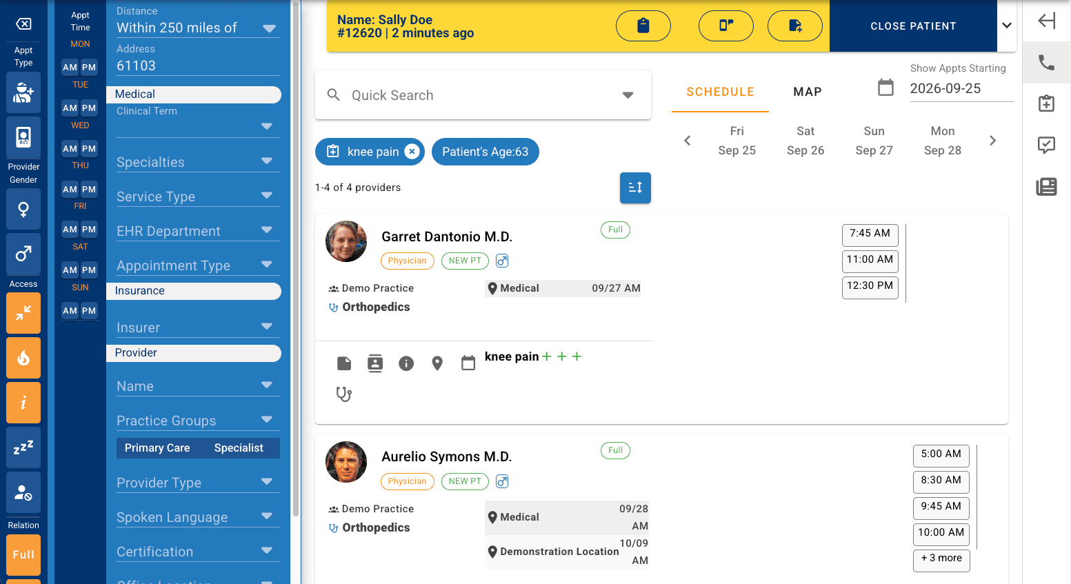 Advisor scheduling workspace showing a patient banner, search filters for specialties, insurance, and provider, and a list of matching providers with open appointment times across upcoming days.