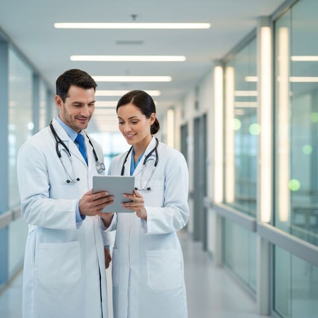 Physicians collaborating on clinical strategy with technology-enabled workflows