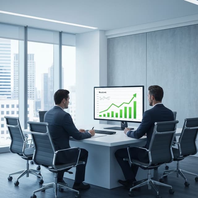 Healthcare executive reviewing financial dashboards showing ROI growth